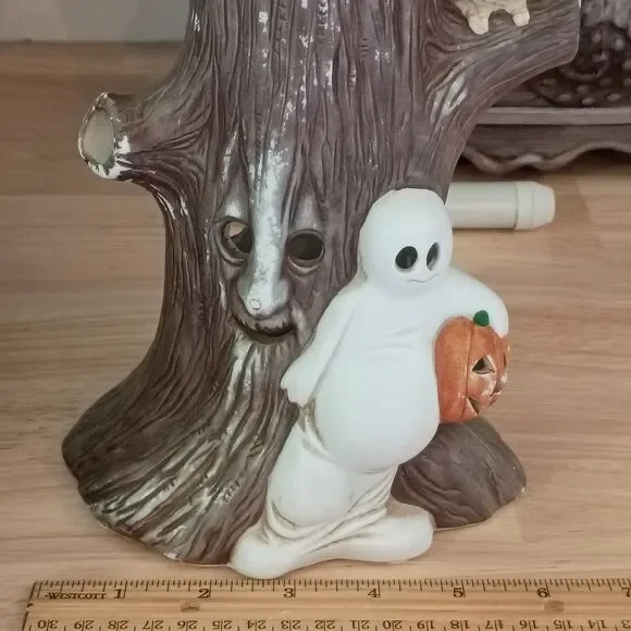 Vintage Ceramic Hand Painted Spooky Tree With Owl & Ghost Holding a Pumpkin Fig - Picture 15 of 15